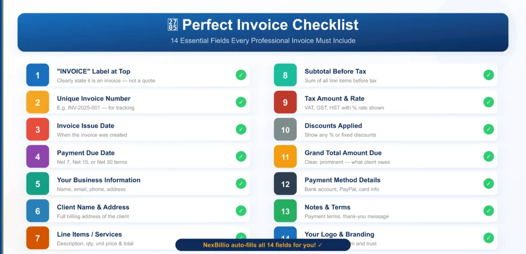 Free invoice generator ckecklist , 14 fields for you