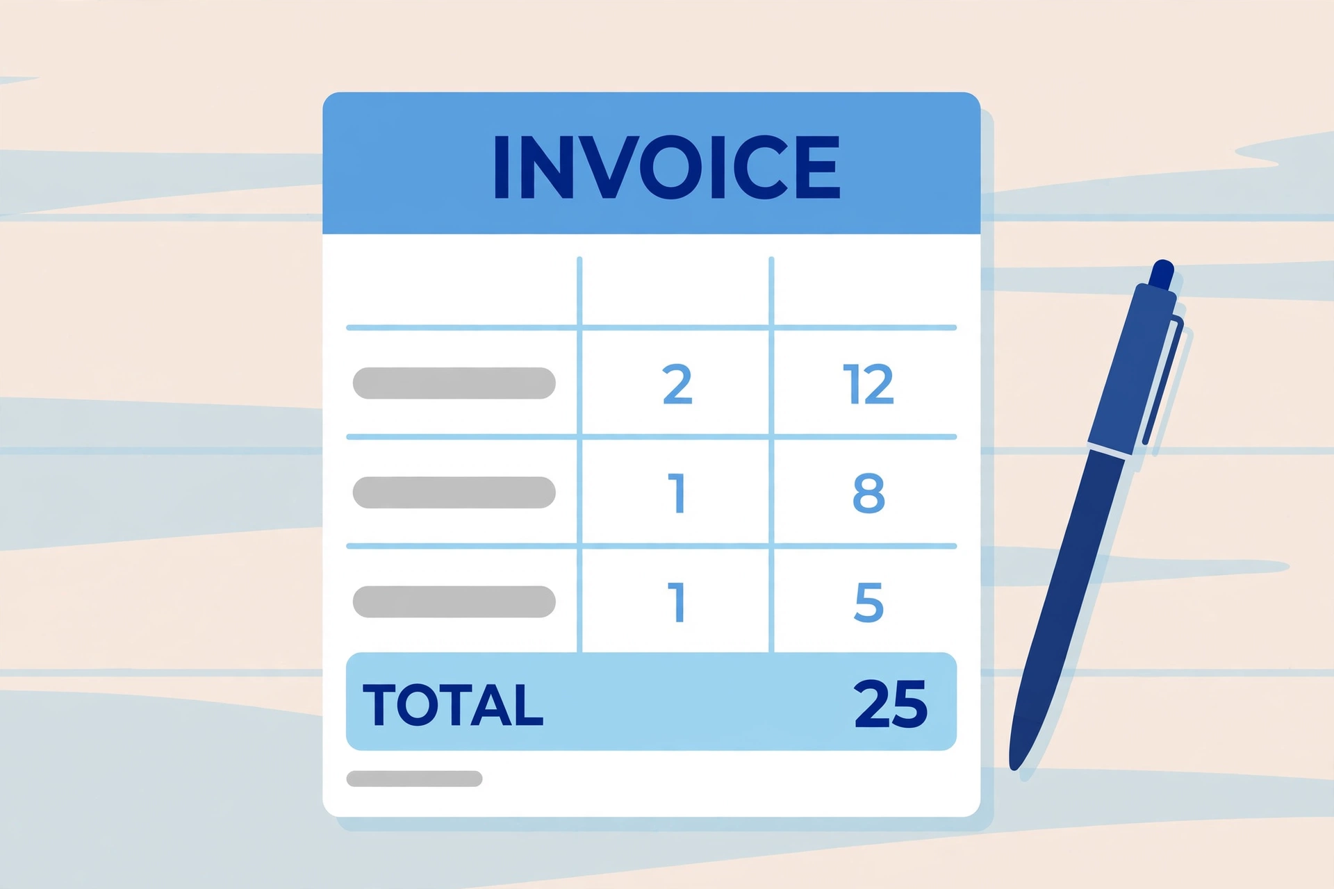 Close-up of invoice line items, totals, and due date on a printed invoice
