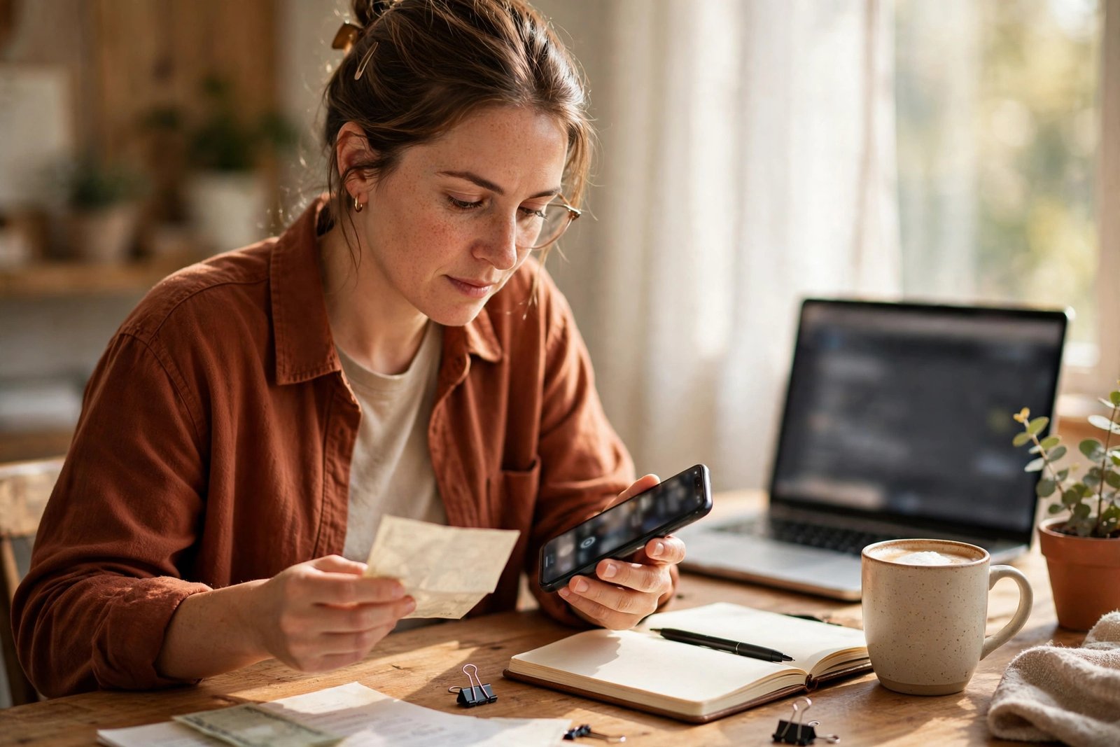 Small business owner reviewing and paying a bill at her desk