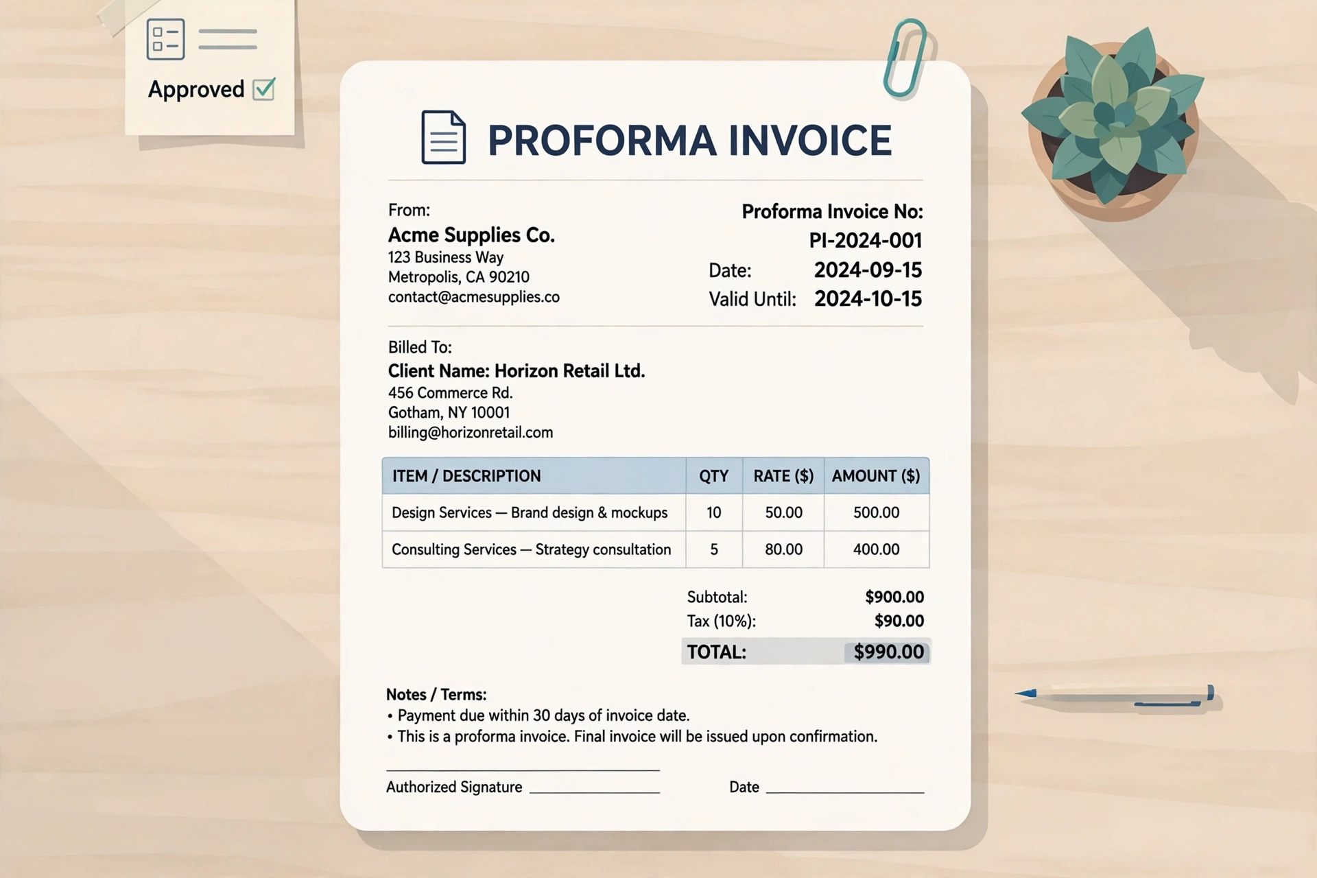 Sample proforma invoice document showing typical fields